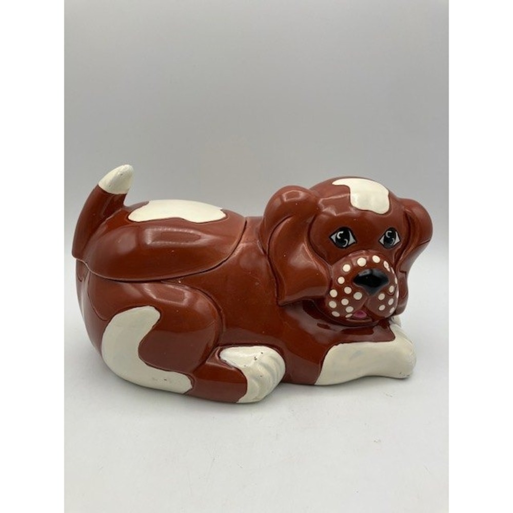 Vintage 1987 Dog Treat Container Brown and White‎ Ceramic Made in Taiwan 5.5"x8"